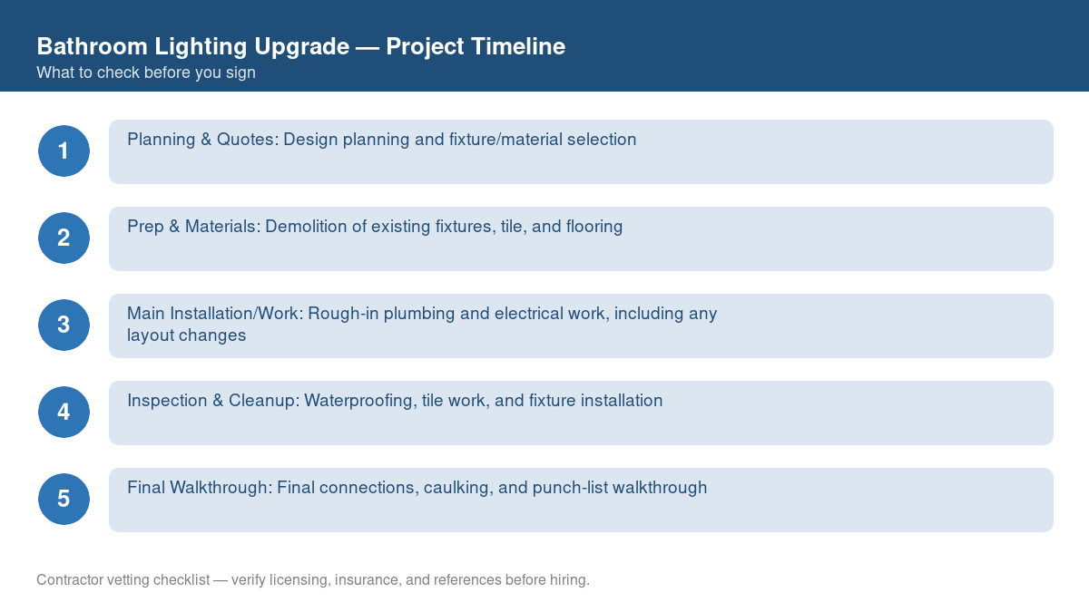Checklist showing the typical project timeline for bathroom lighting upgrade