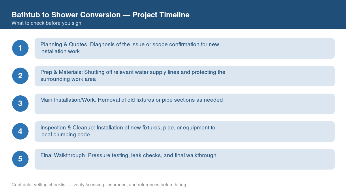 Checklist showing the typical project timeline for bathtub to shower conversion