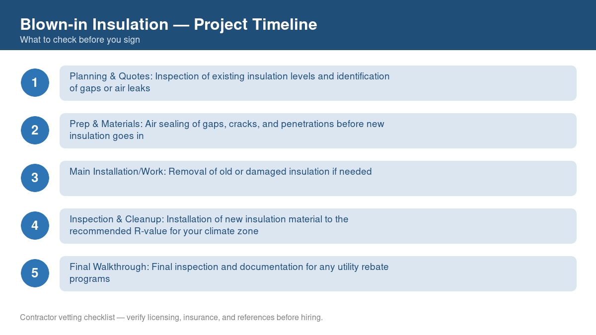 Checklist showing the typical project timeline for blown-in insulation