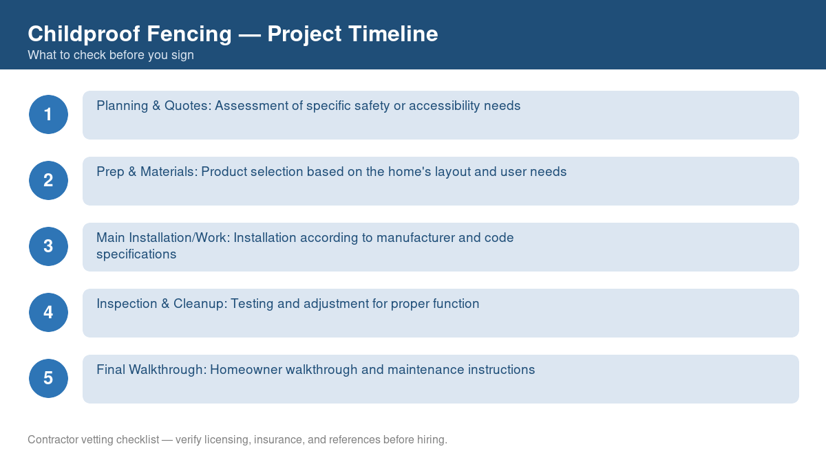 Checklist showing the typical project timeline for childproof fencing