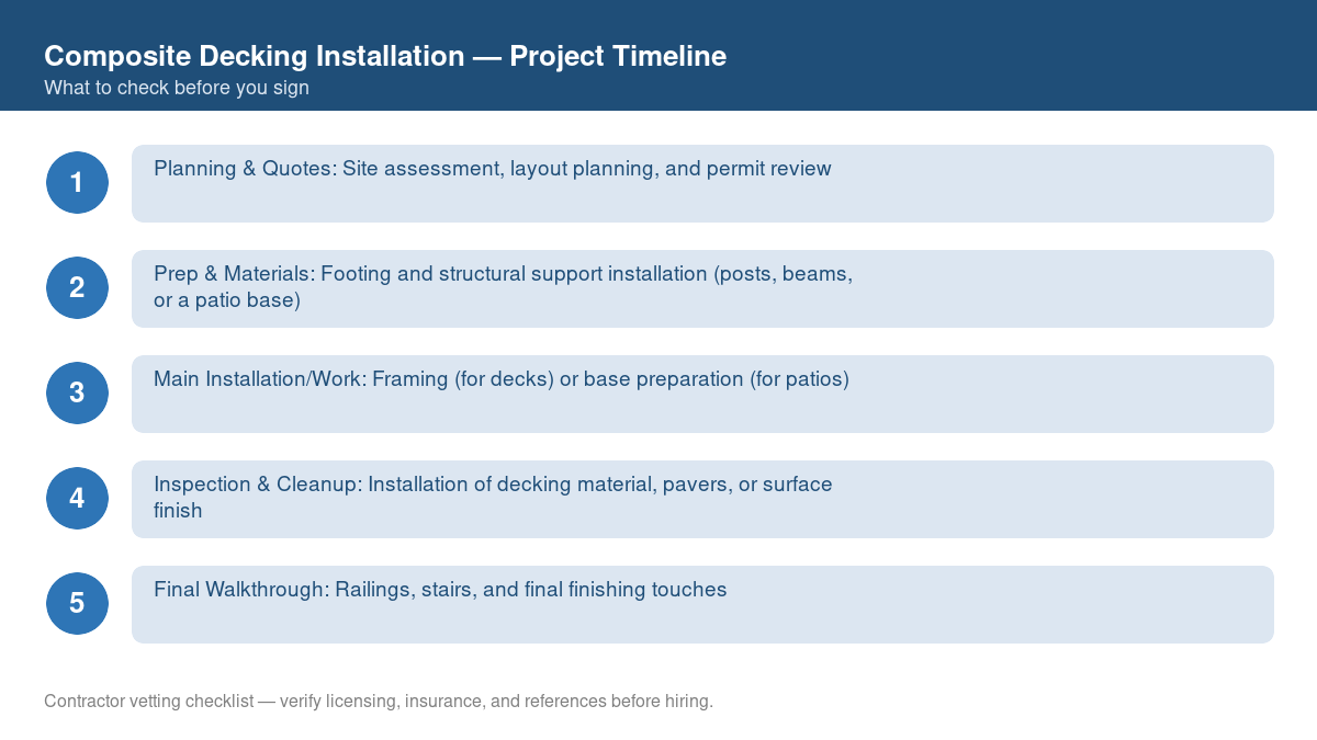 Checklist showing the typical project timeline for composite decking installation