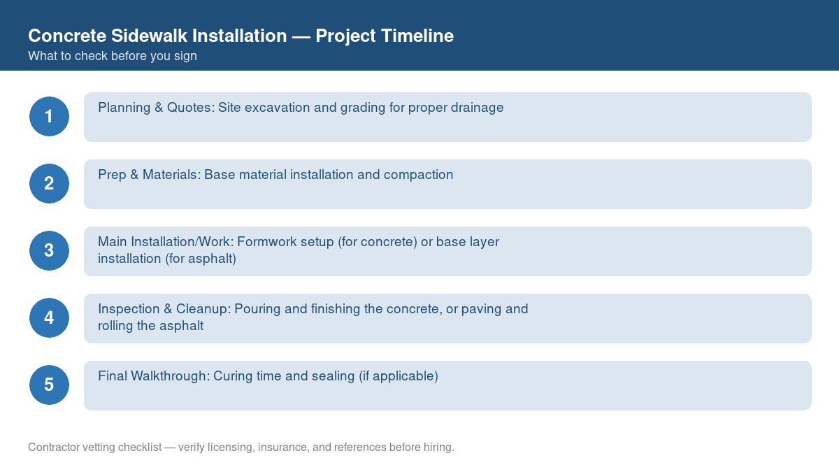 Checklist showing the typical project timeline for concrete sidewalk installation