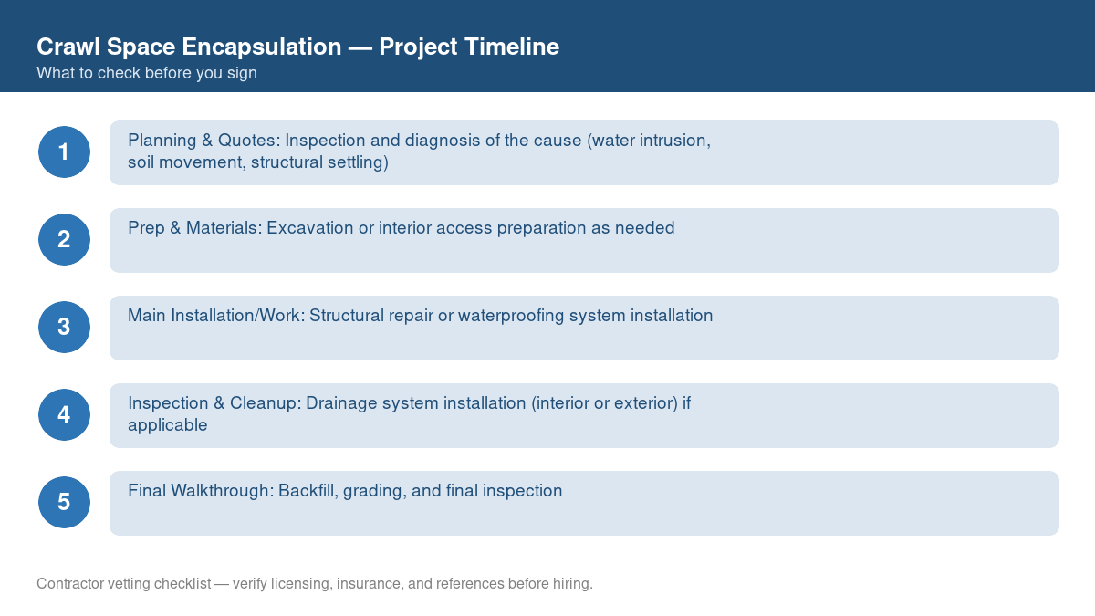 Checklist showing the typical project timeline for crawl space encapsulation