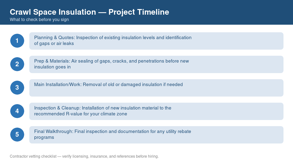 Checklist showing the typical project timeline for crawl space insulation