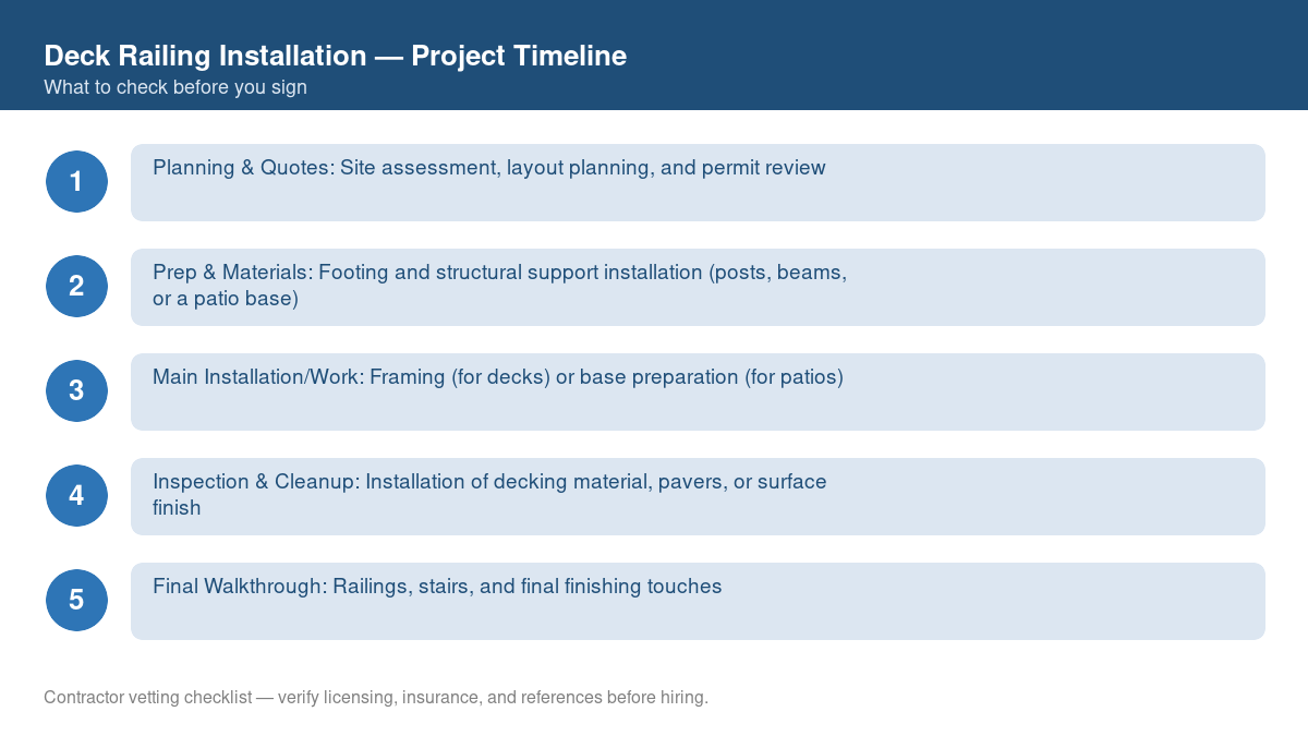 Checklist showing the typical project timeline for deck railing installation