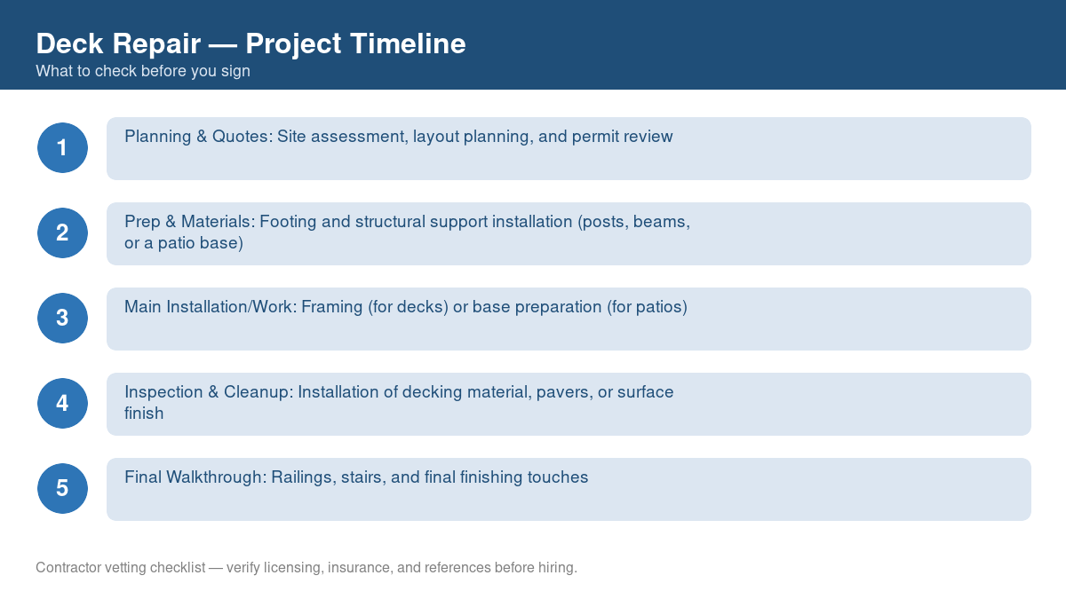 Checklist showing the typical project timeline for deck repair