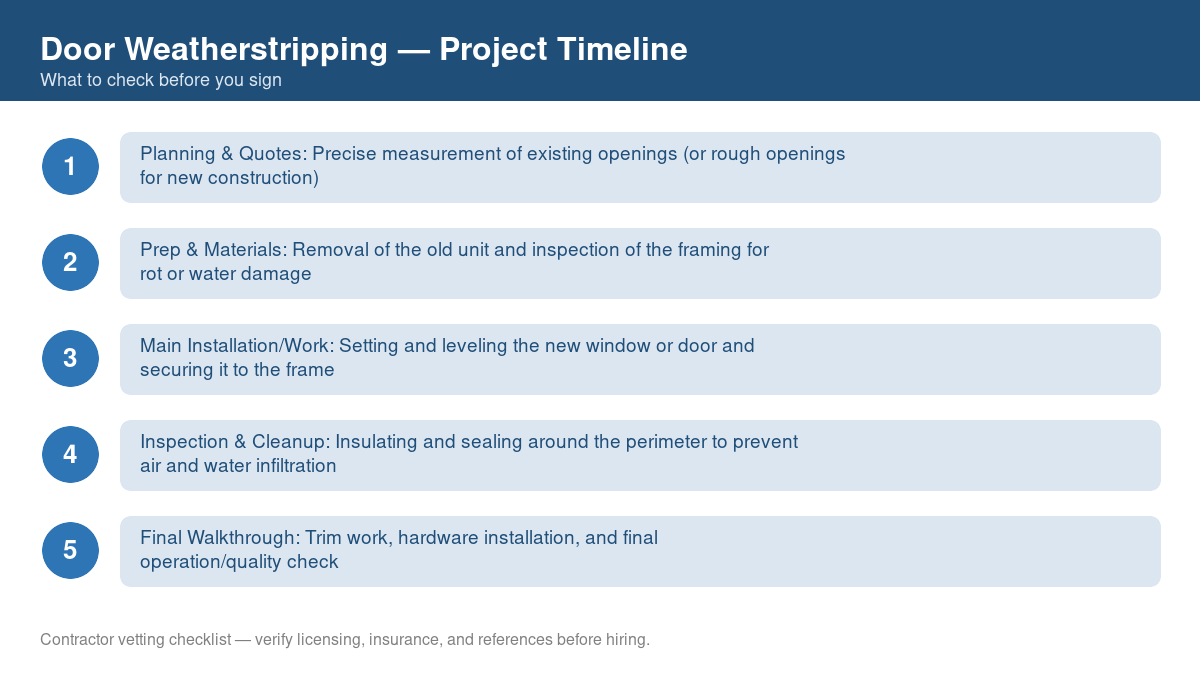 Checklist showing the typical project timeline for door weatherstripping