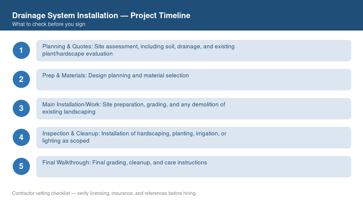 Checklist showing the typical project timeline for drainage system installation