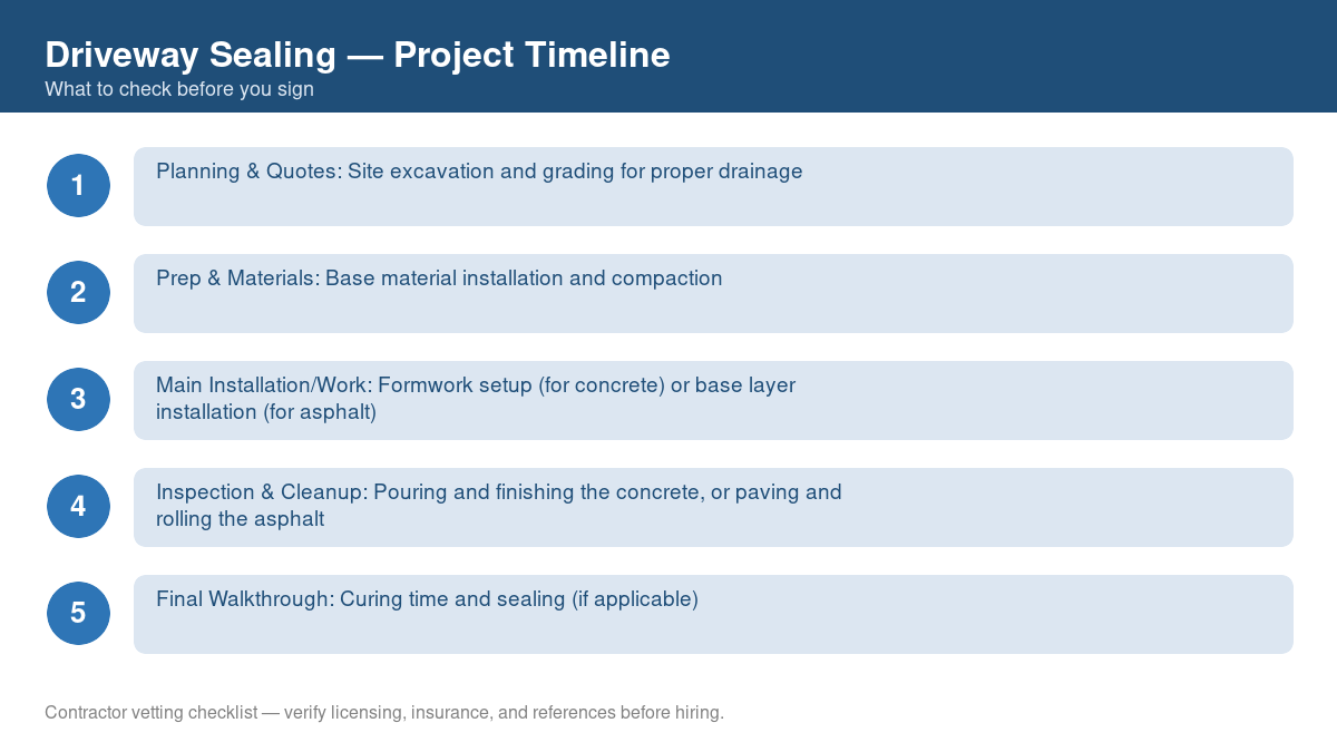 Checklist showing the typical project timeline for driveway sealing