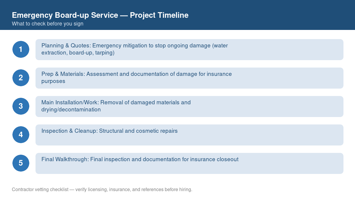 Checklist showing the typical project timeline for emergency board-up service