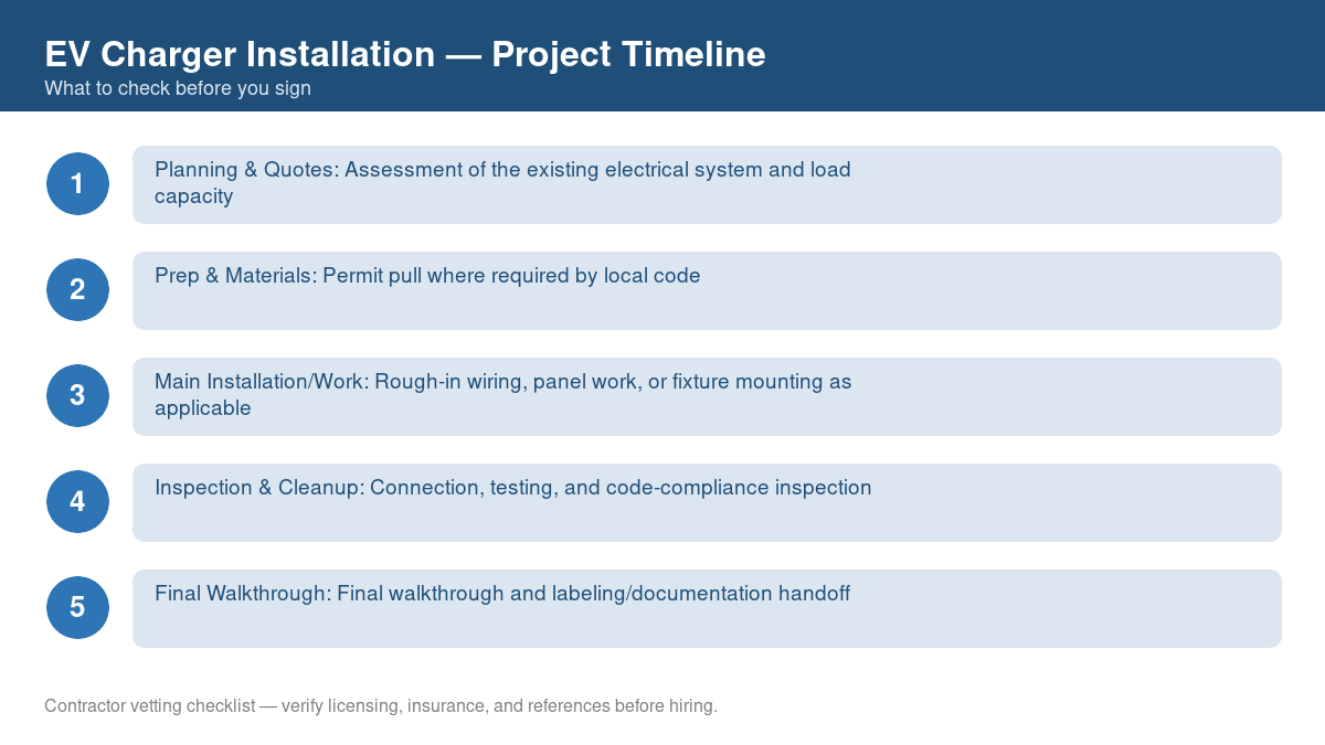 Checklist showing the typical project timeline for EV charger installation