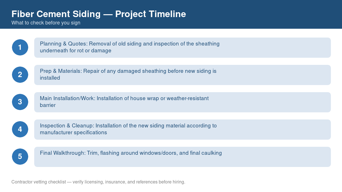 Checklist showing the typical project timeline for fiber cement siding
