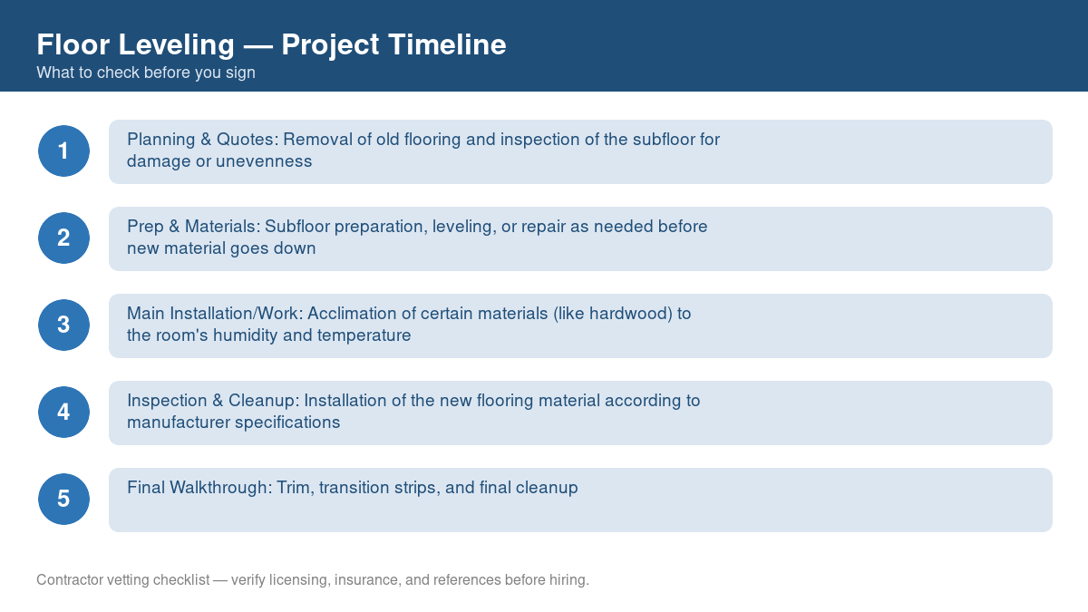 Checklist showing the typical project timeline for floor leveling