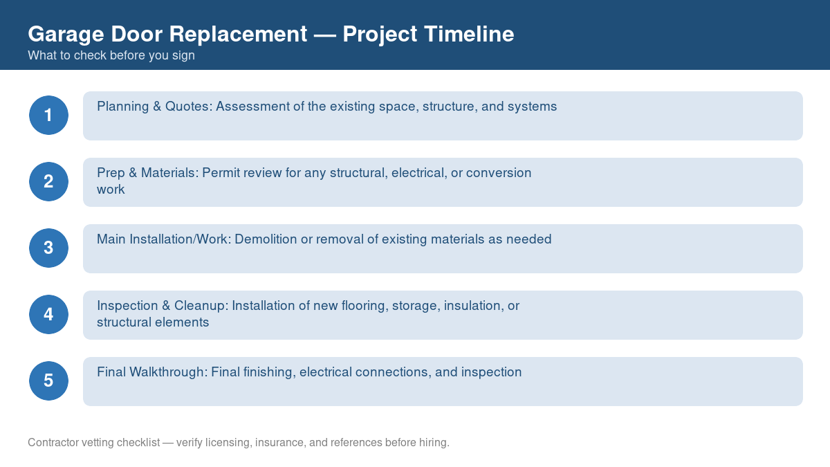 Checklist showing the typical project timeline for garage door replacement