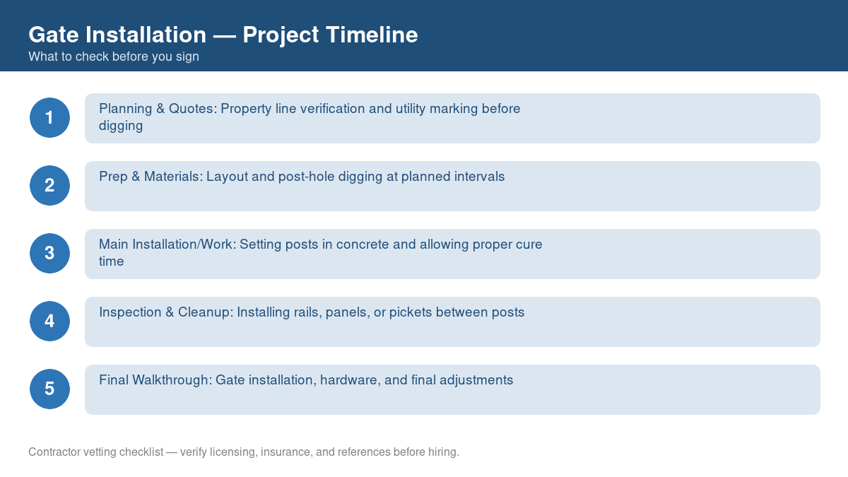 Checklist showing the typical project timeline for gate installation