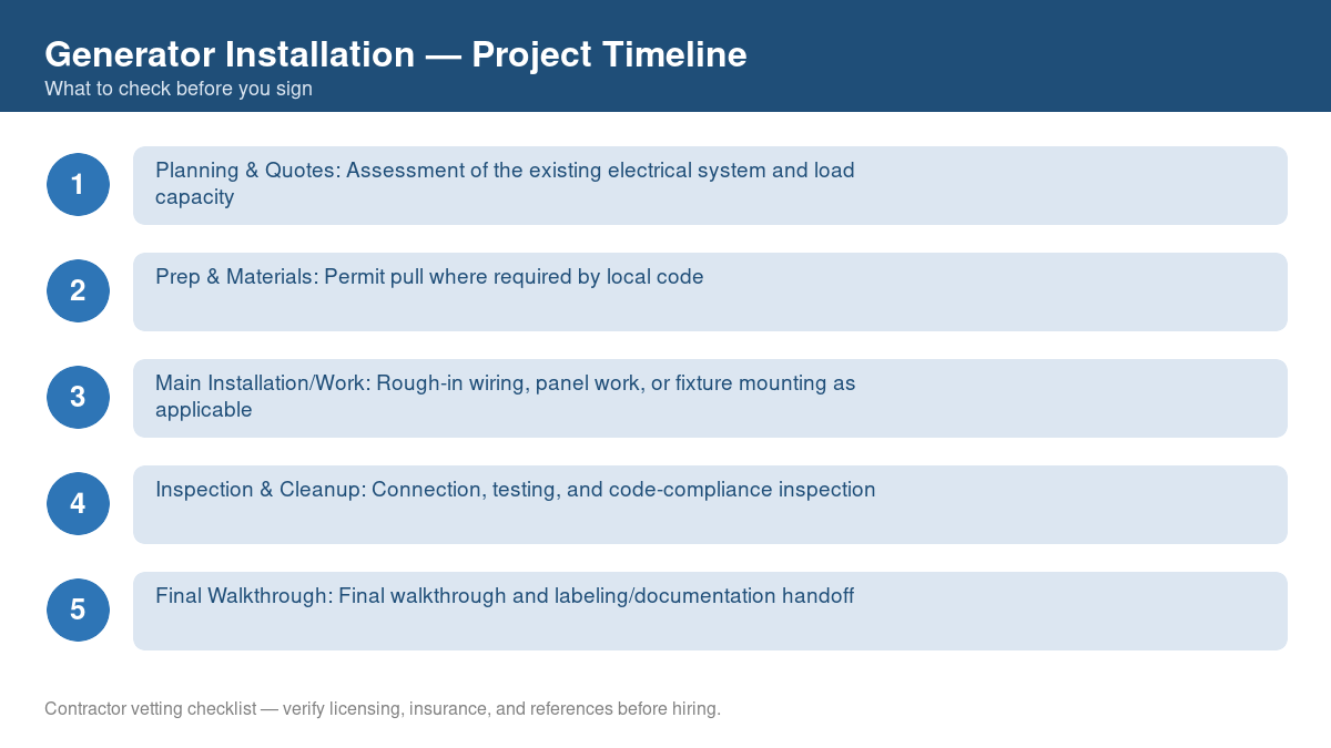 Checklist showing the typical project timeline for generator installation