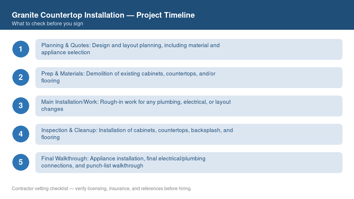 Checklist showing the typical project timeline for granite countertop installation
