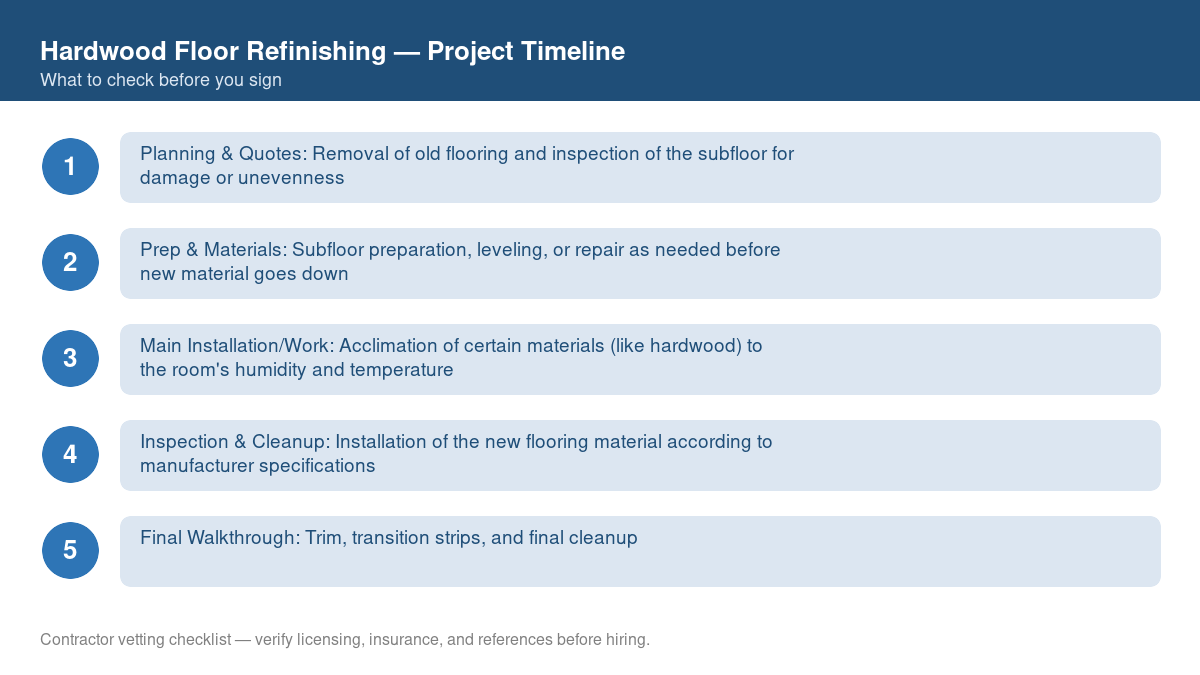 Checklist showing the typical project timeline for hardwood floor refinishing