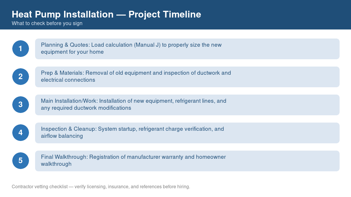 Checklist showing the typical project timeline for heat pump installation