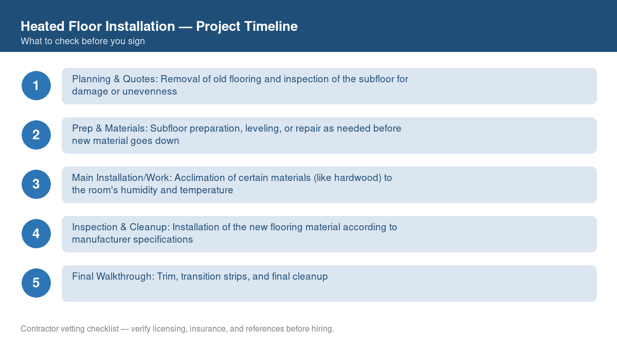 Checklist showing the typical project timeline for heated floor installation