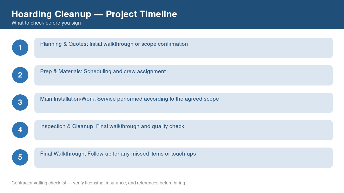 Checklist showing the typical project timeline for hoarding cleanup