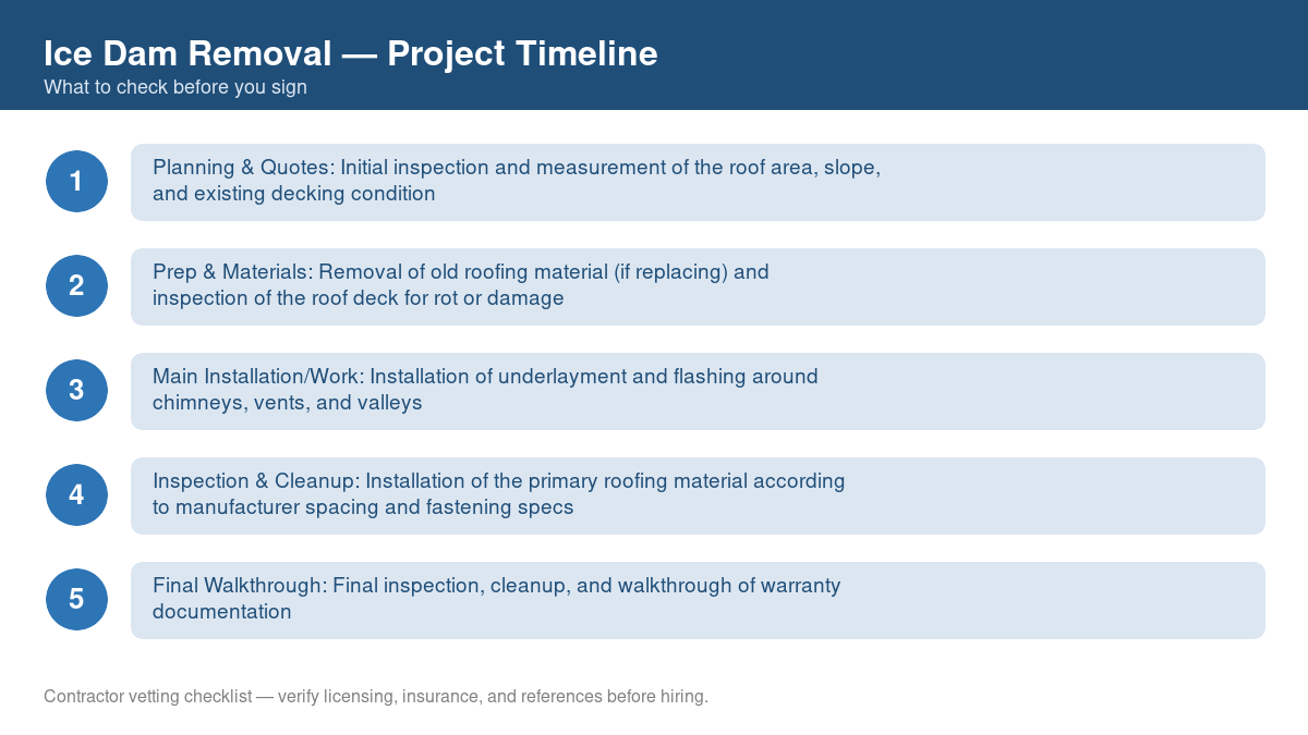 Checklist showing the typical project timeline for ice dam removal