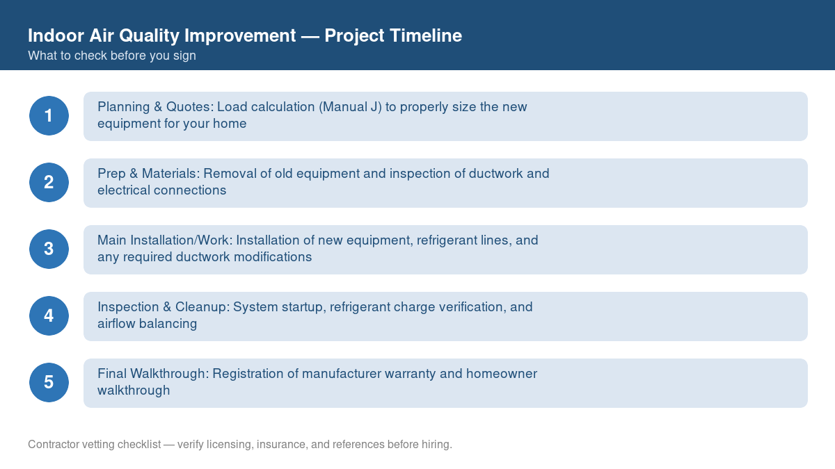 Checklist showing the typical project timeline for indoor air quality improvement