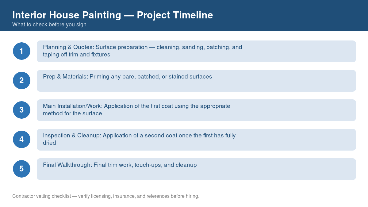 Checklist showing the typical project timeline for interior house painting