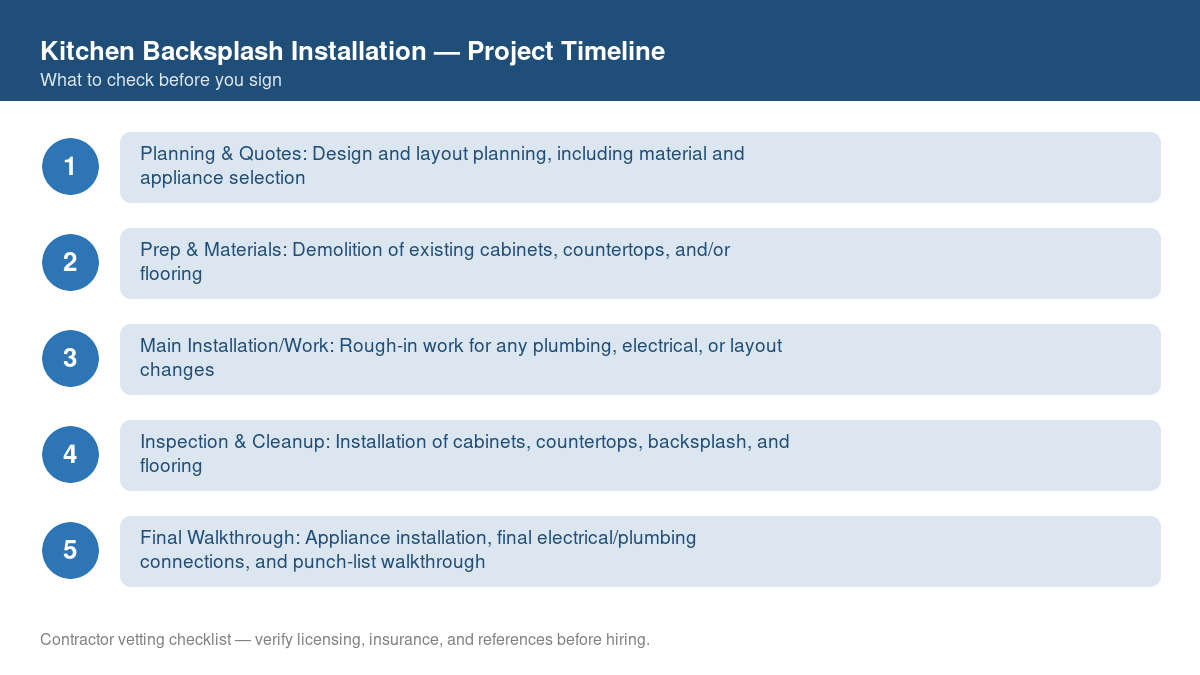 Checklist showing the typical project timeline for kitchen backsplash installation