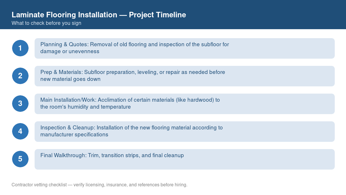 Checklist showing the typical project timeline for laminate flooring installation