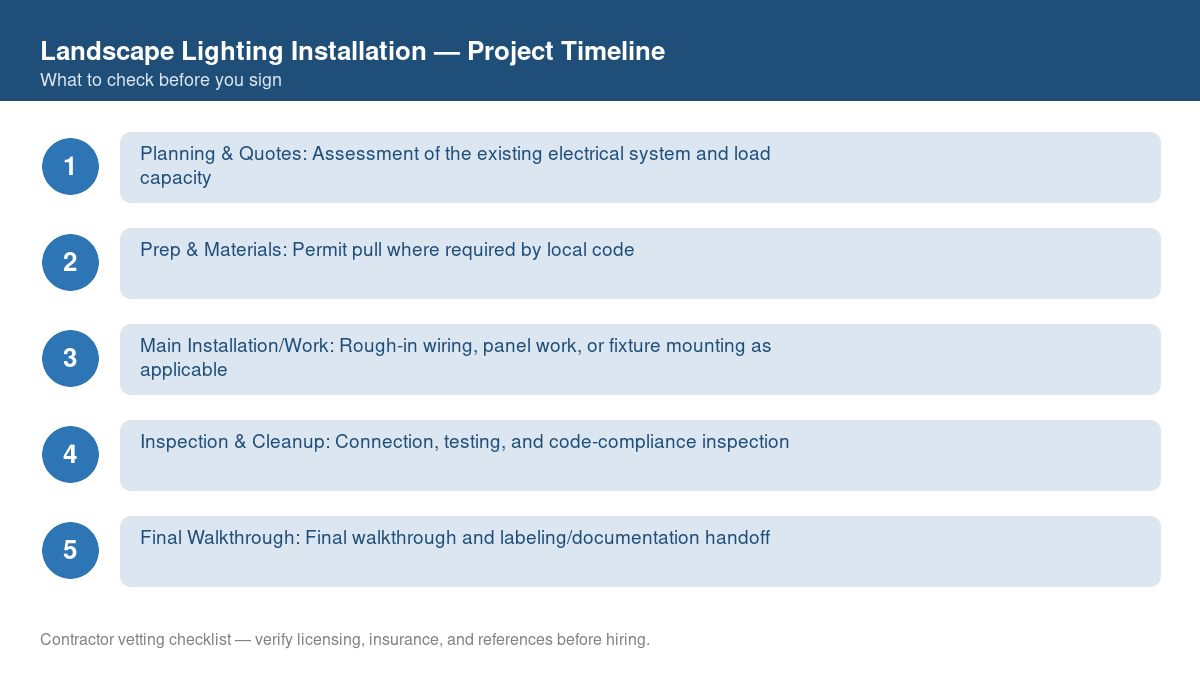 Checklist showing the typical project timeline for landscape lighting installation