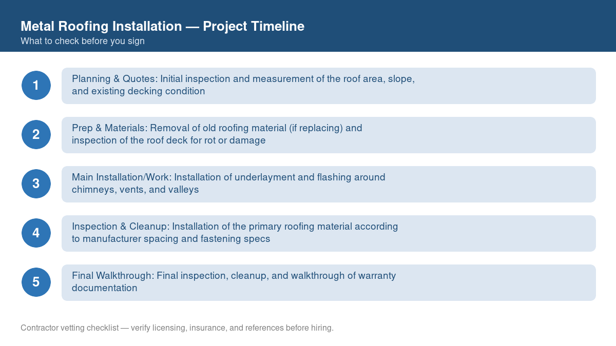 Checklist showing the typical project timeline for metal roofing installation