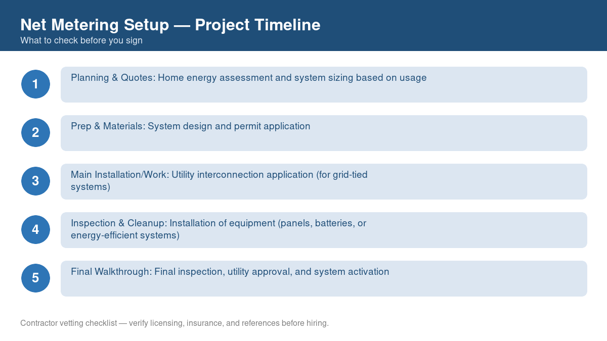 Checklist showing the typical project timeline for net metering setup