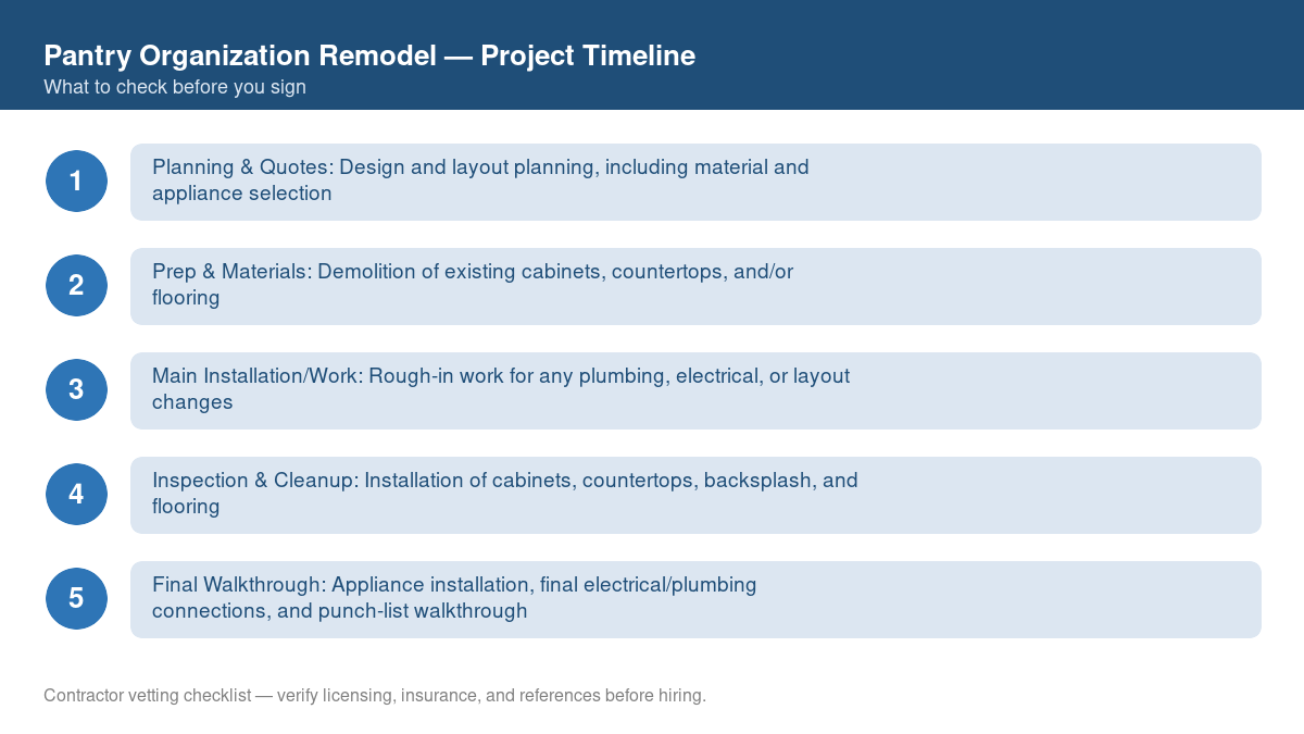 Checklist showing the typical project timeline for pantry organization remodel