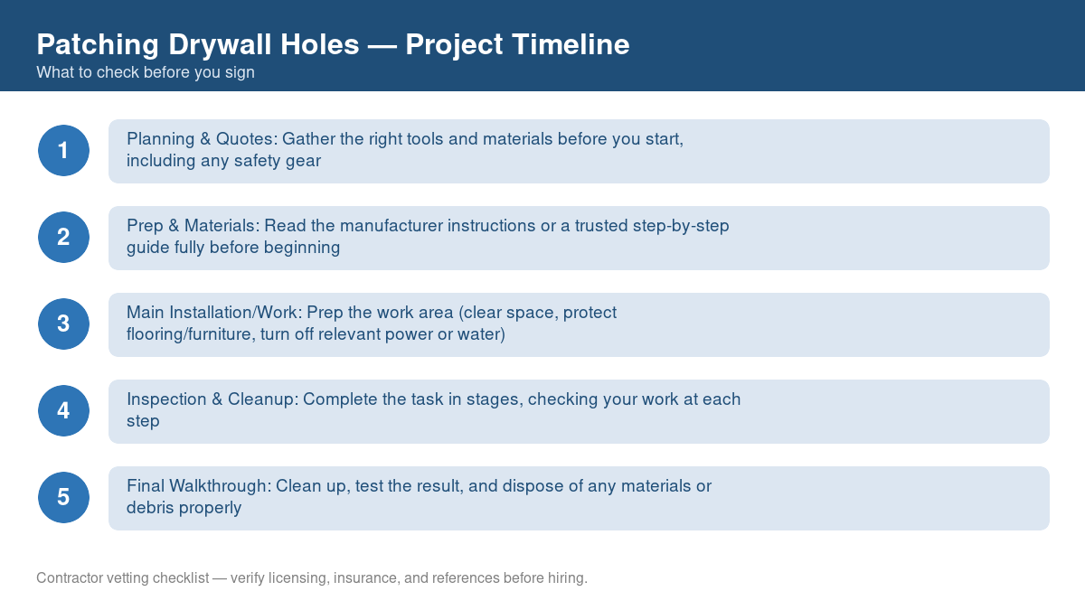 Checklist showing the typical project timeline for patching drywall holes