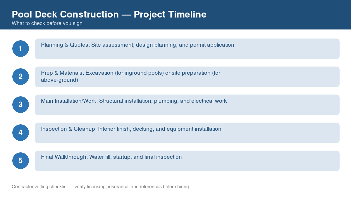Checklist showing the typical project timeline for pool deck construction