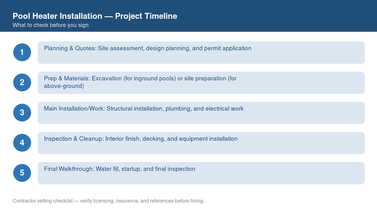 Checklist showing the typical project timeline for pool heater installation