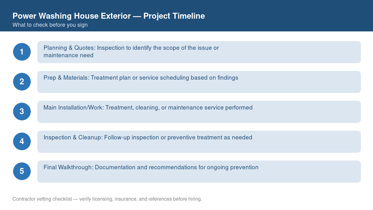 Checklist showing the typical project timeline for power washing house exterior