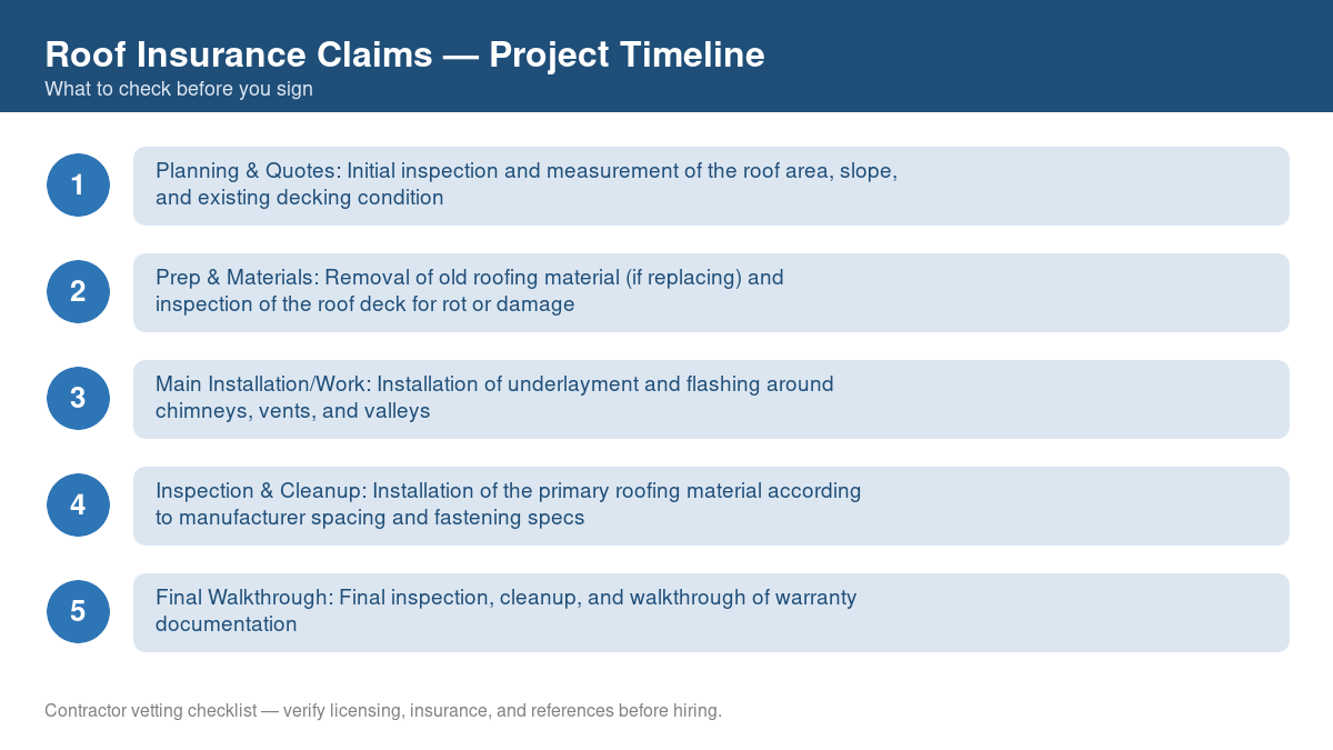 Checklist showing the typical project timeline for roof insurance claims