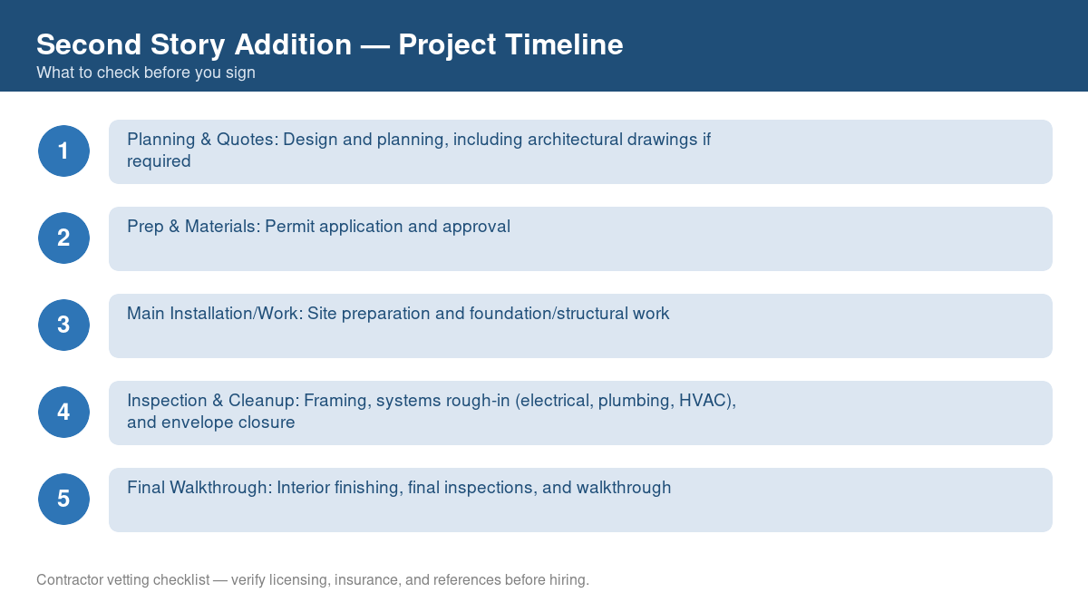 Checklist showing the typical project timeline for second story addition