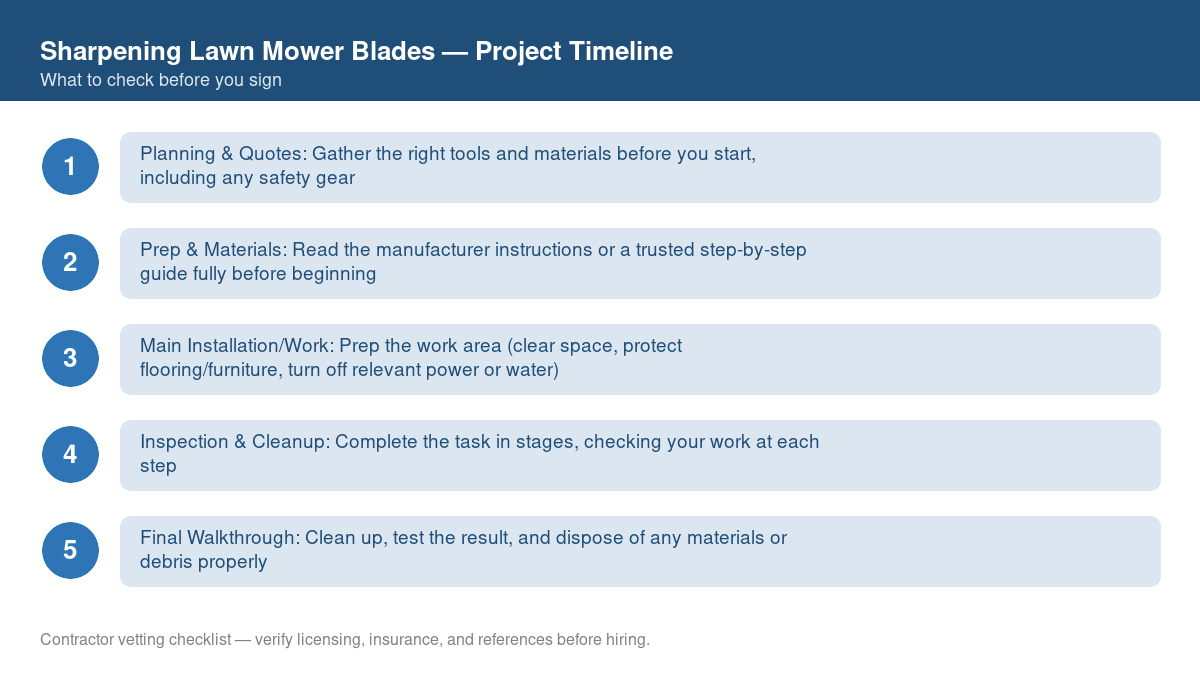 Checklist showing the typical project timeline for sharpening lawn mower blades
