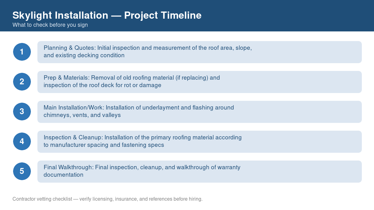 Checklist showing the typical project timeline for skylight installation