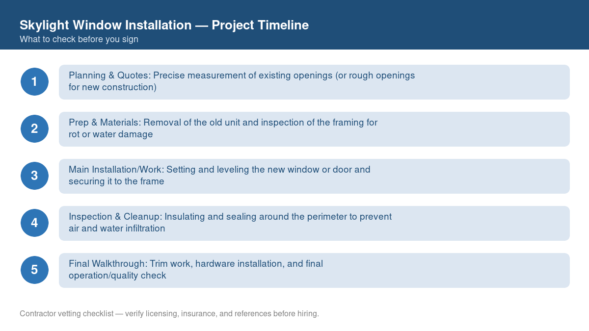 Checklist showing the typical project timeline for skylight window installation