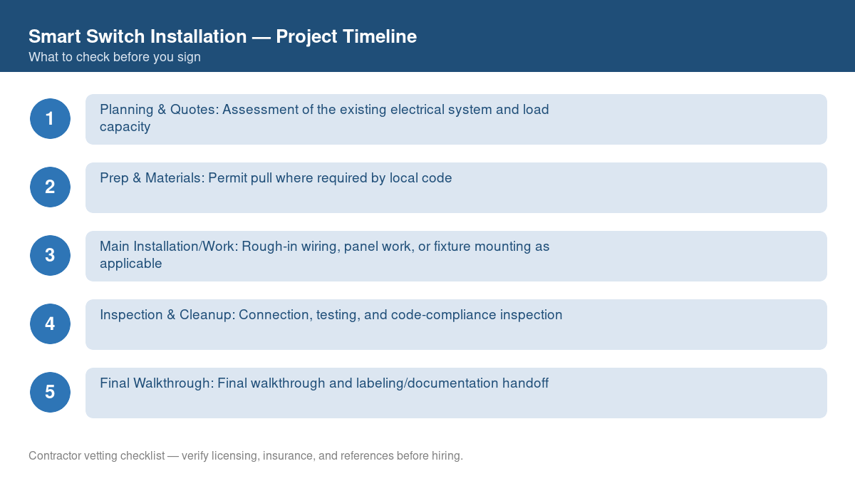 Checklist showing the typical project timeline for smart switch installation