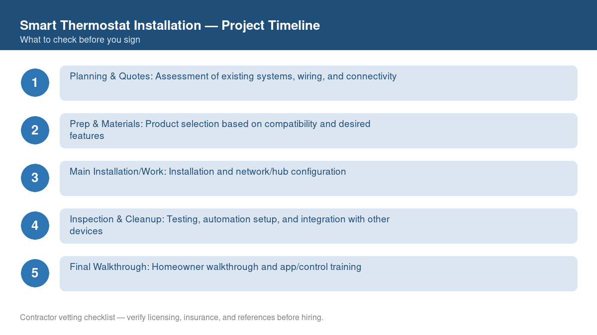 Checklist showing the typical project timeline for smart thermostat installation