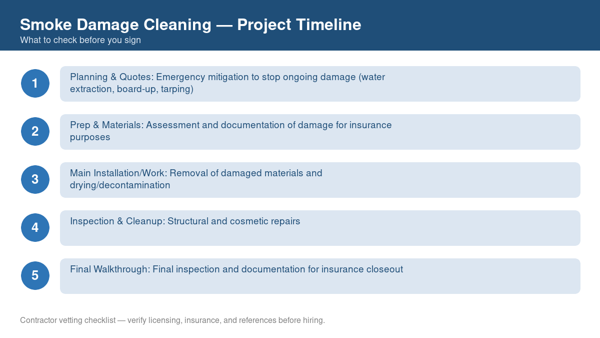 Checklist showing the typical project timeline for smoke damage cleaning