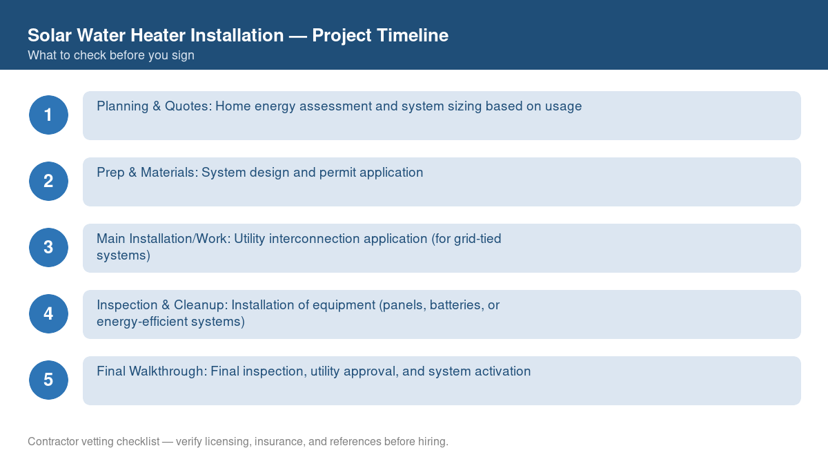 Checklist showing the typical project timeline for solar water heater installation