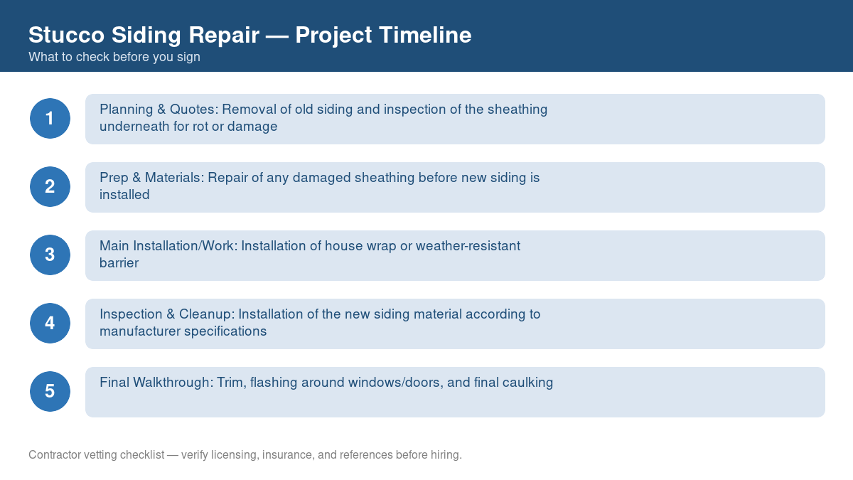 Checklist showing the typical project timeline for stucco siding repair