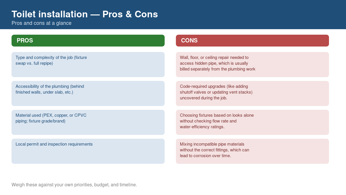 Pros and cons comparison chart for toilet installation