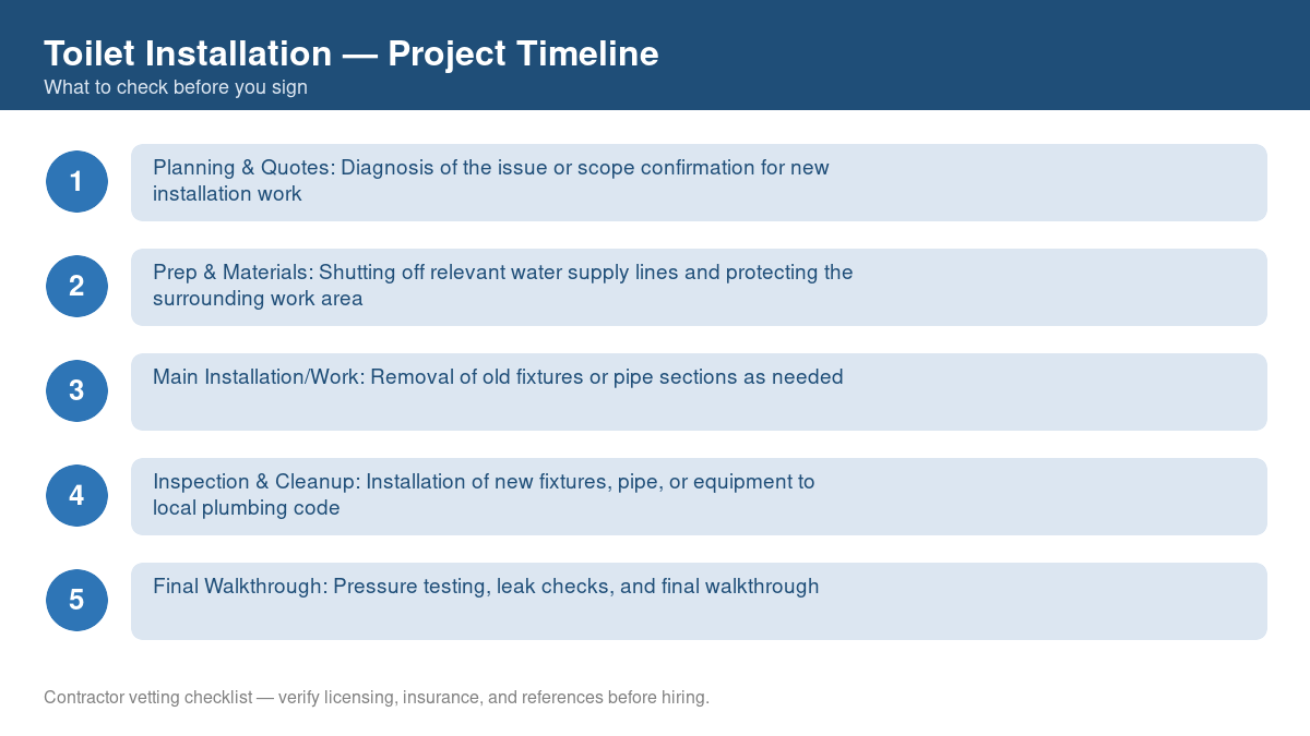 Checklist showing the typical project timeline for toilet installation